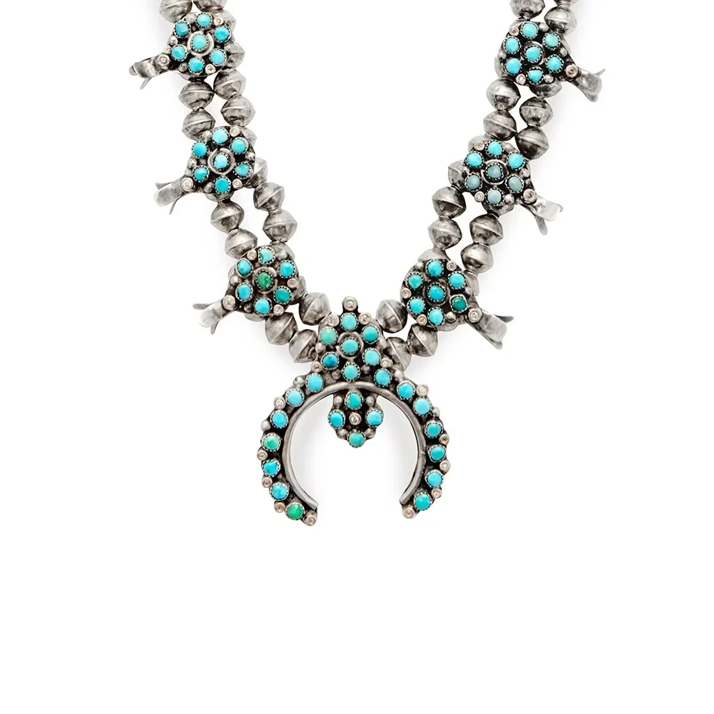 Squash Blossom Necklace No. 03 - Sterling Silver, Turquoise, White & Grey Diamonds