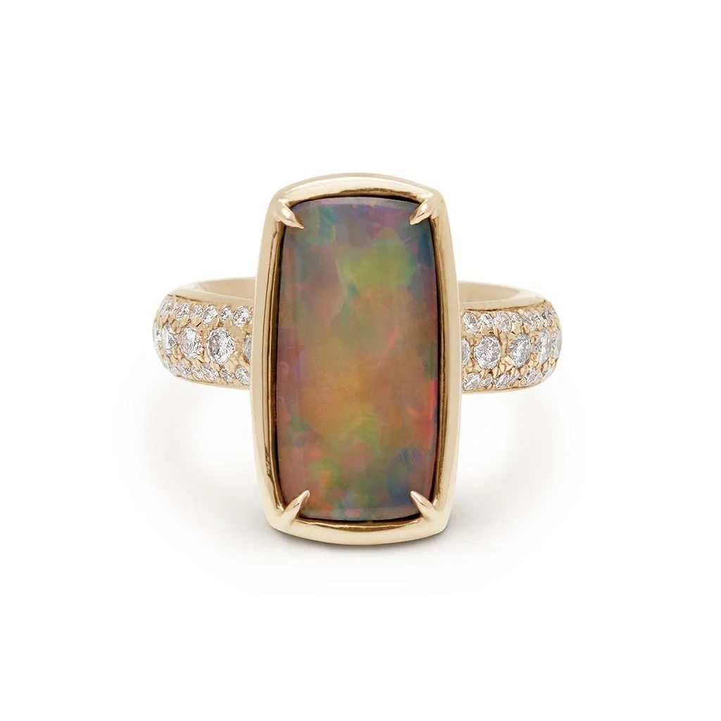 Black Opal Eleonore Tria Ring - Yellow Gold, Opal & Grey Diamonds