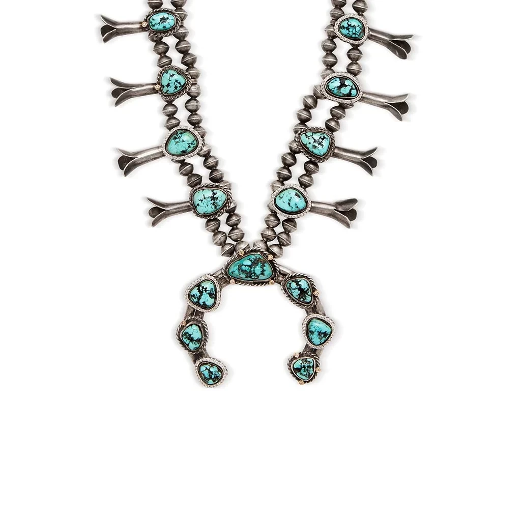Squash Blossom Necklace No. 04 - Sterling Silver, Turquoise, White & Grey Diamonds