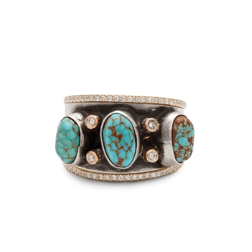 No. 08 Turquoise Ring Set - Sterling Silver, Turquoise, White & Grey Diamonds
