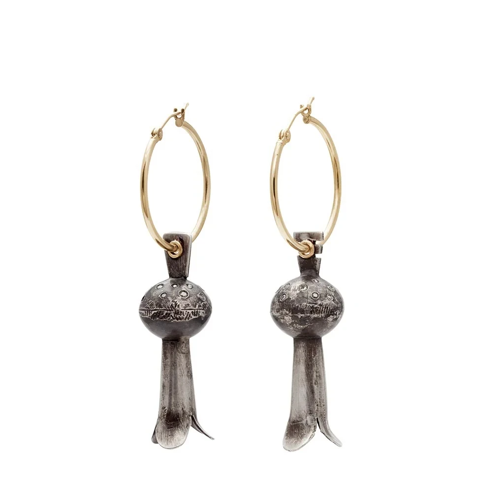 Castillo Squash Blossom Hoops - Yellow Gold, Sterling Silver & Grey Diamonds