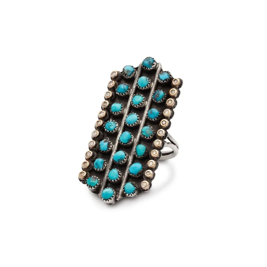 Turquoise Tablet Ring - Sterling Silver, Turquoise, White & Grey Diamonds