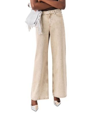 Maje Pantastrass Wide Leg Rhinestone Trim Jeans in Beige
