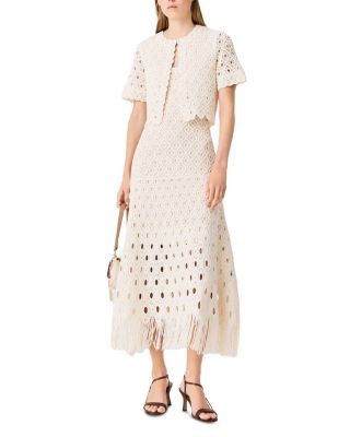 Maje Fringed Crochet Crewneck Cardigan