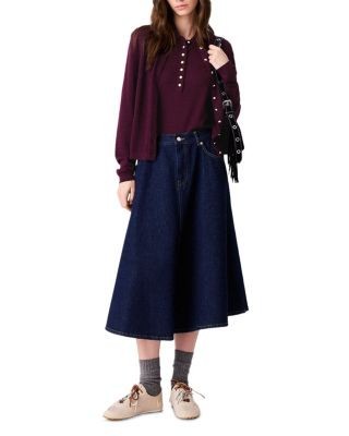 Maje Jamy Denim Flared Midi Skirt in Navy