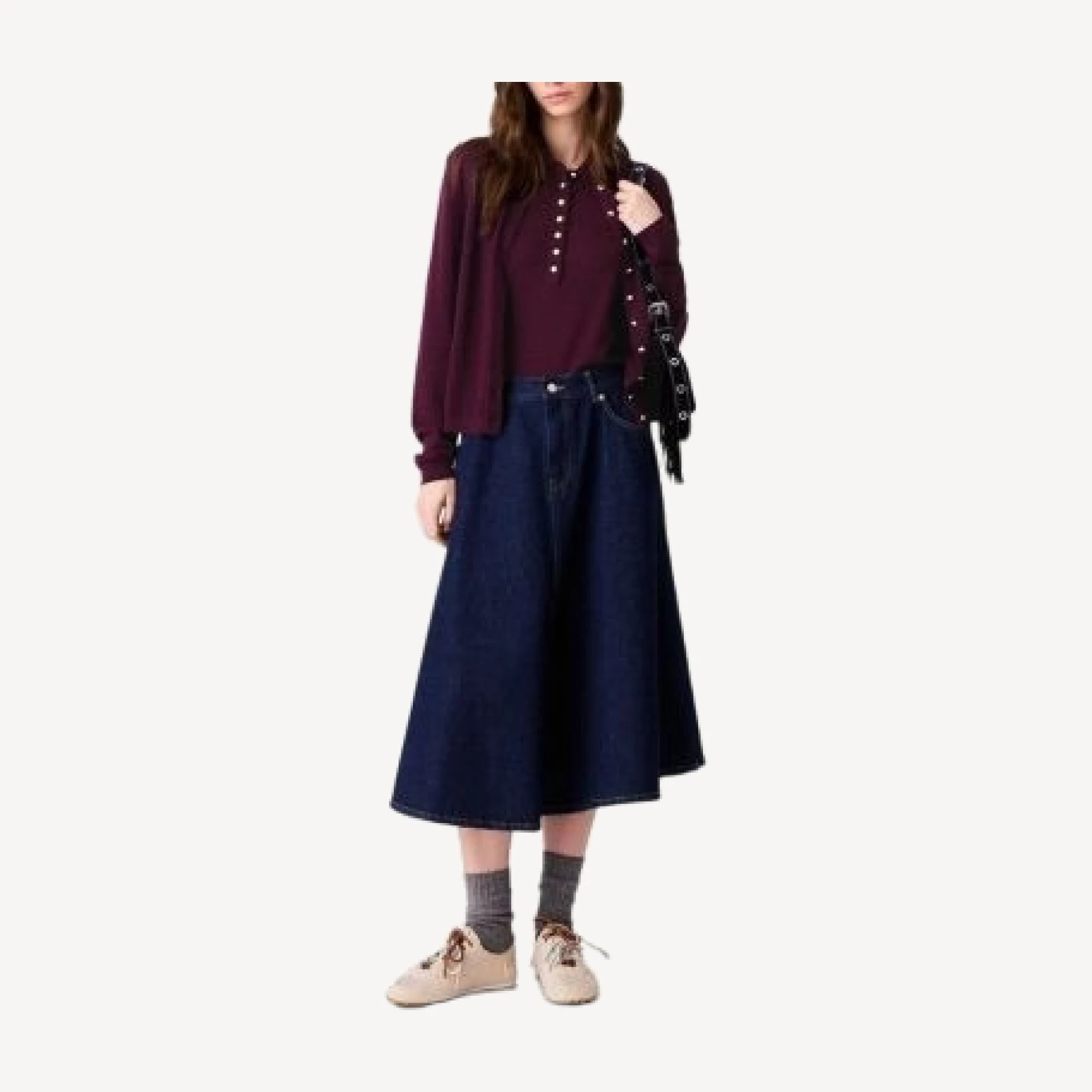 Maje Jamy Denim Flared Midi Skirt in Navy