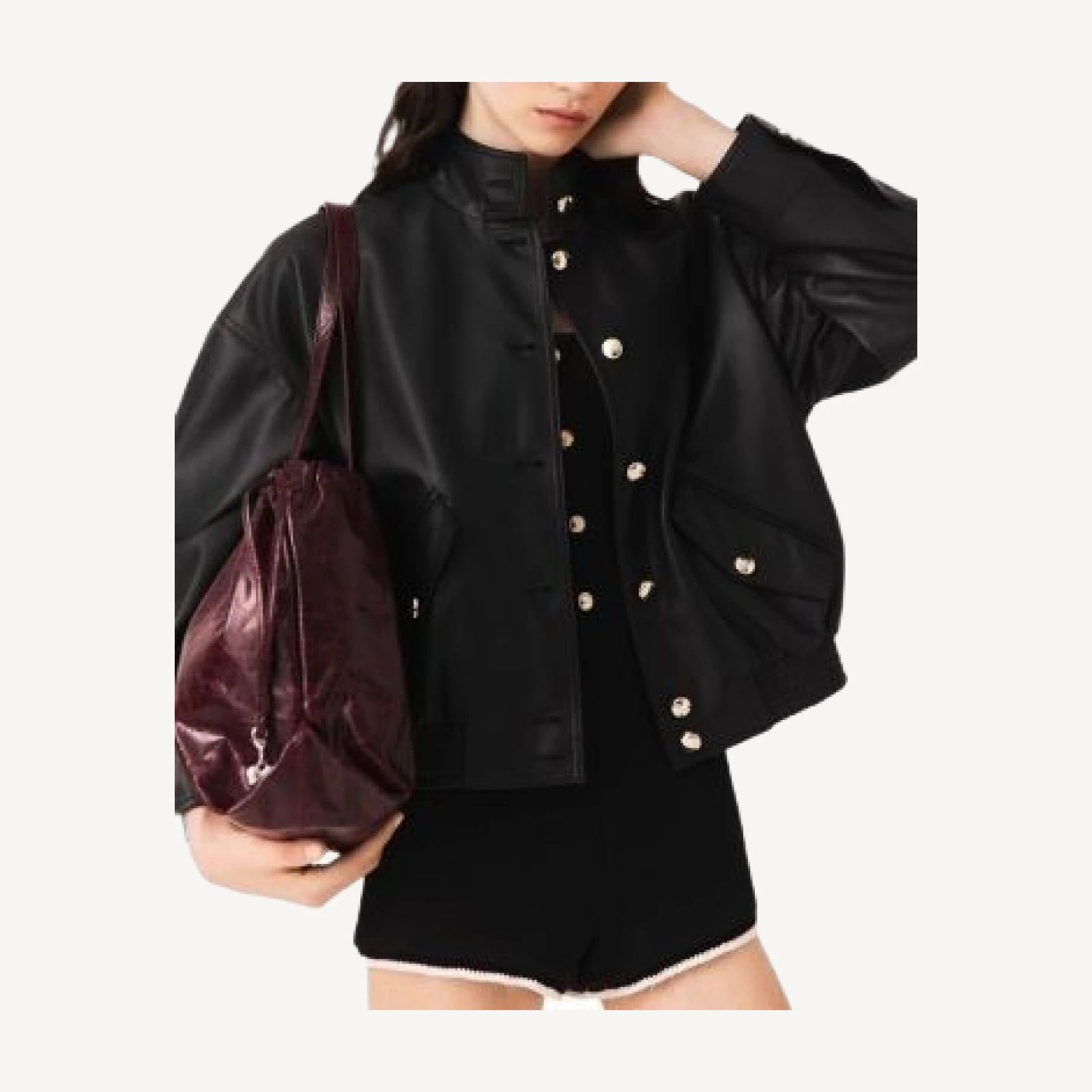 Maje Leather Funnel Neck Jacket