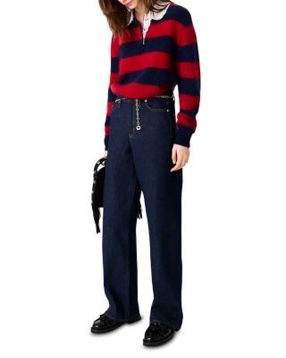 Maje Chain Link Belt High Rise Wide Leg Jeans in Navy