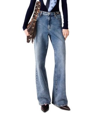 Maje Buckle Tab High Rise Wide Leg Jeans in Blue
