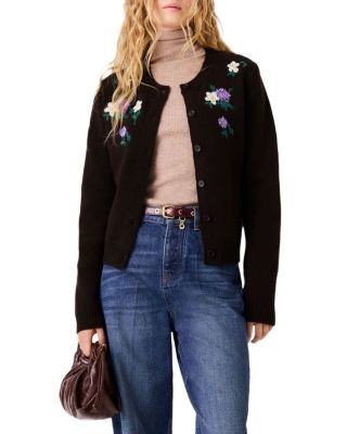 Maje Wool Blend Floral Embroidered Cardigan Sweater