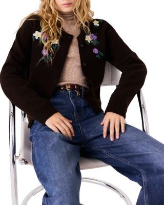 Maje Wool Blend Floral Embroidered Cardigan Sweater