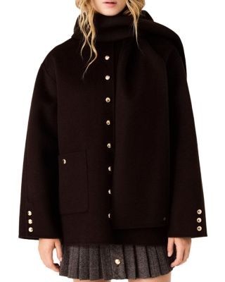 Maje Wool Blend Hooded Long Sleeve Jacket