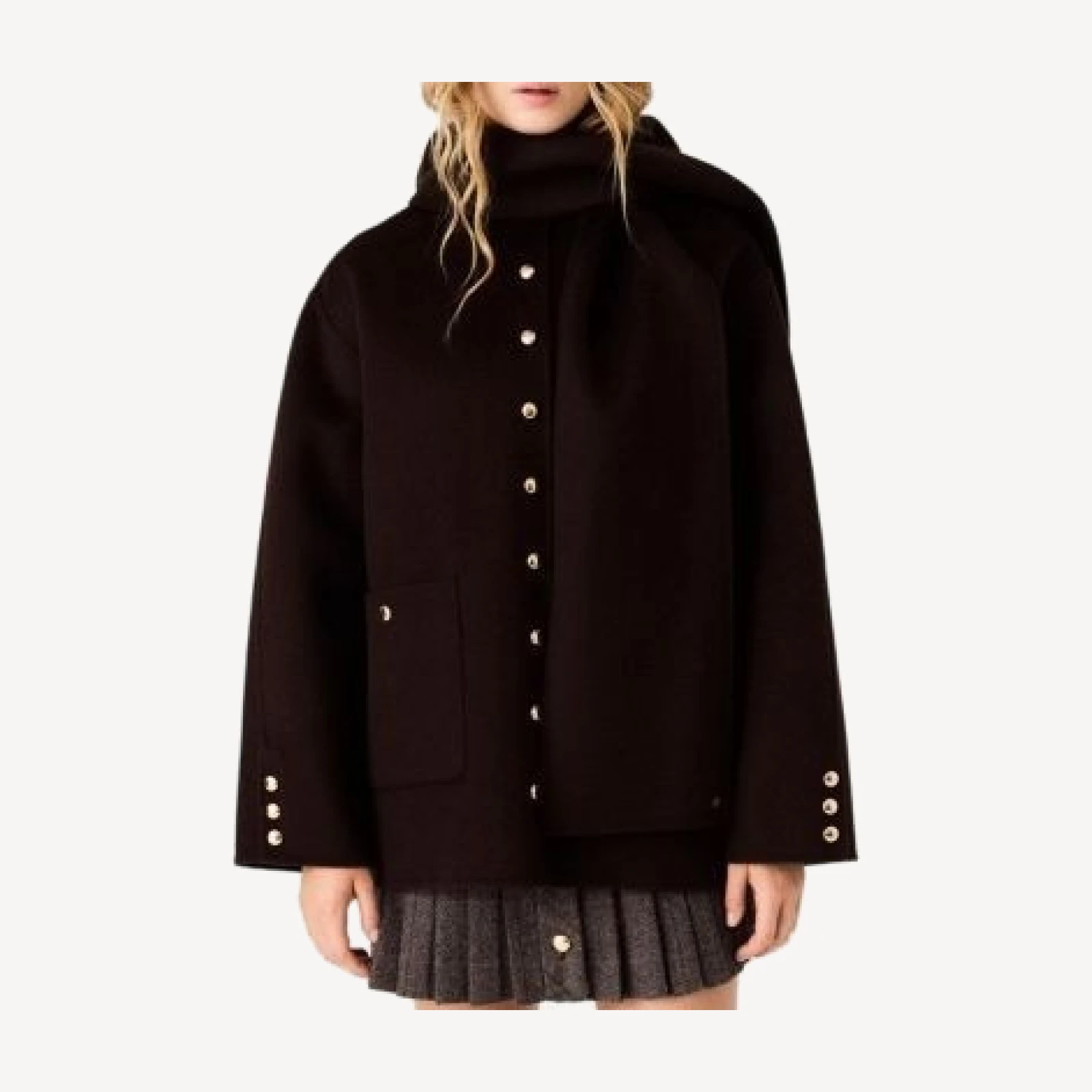 Maje Wool Blend Hooded Long Sleeve Jacket