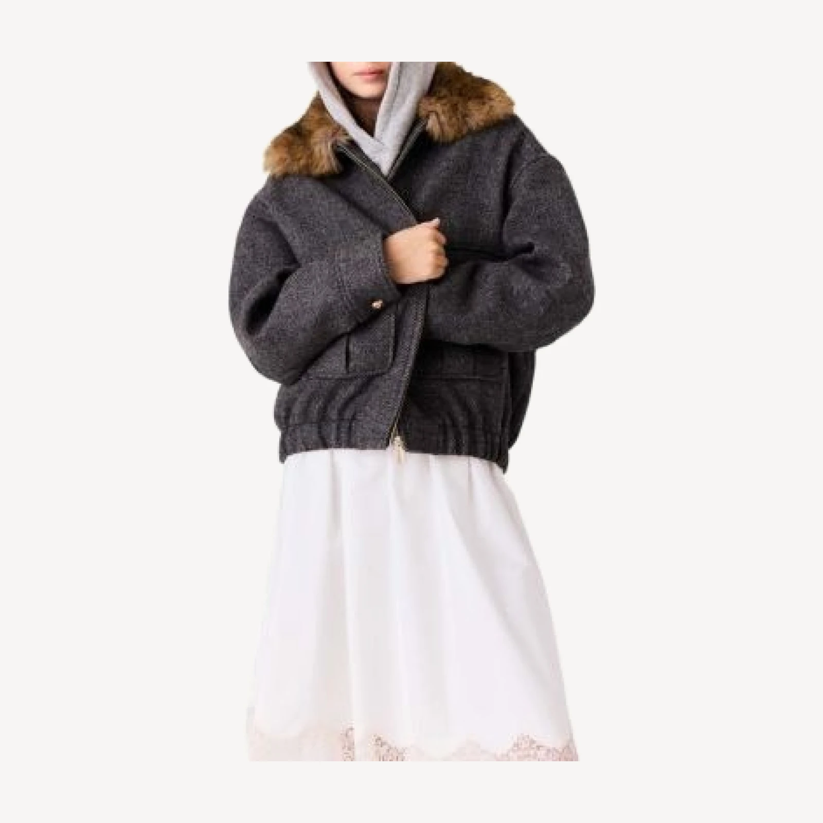 Maje Wool Blend Herringbone Faux Fur Trim Jacket