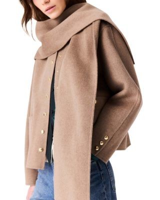 Maje Genest Wool Blend Hooded Scarf Short Coat