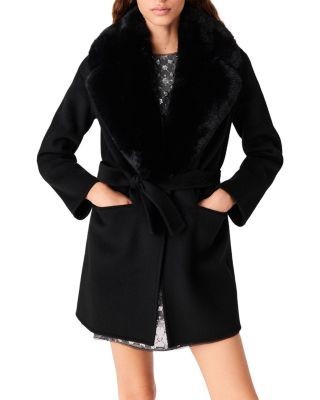 Maje Wool Blend Faux Fur Trim Belted Coat