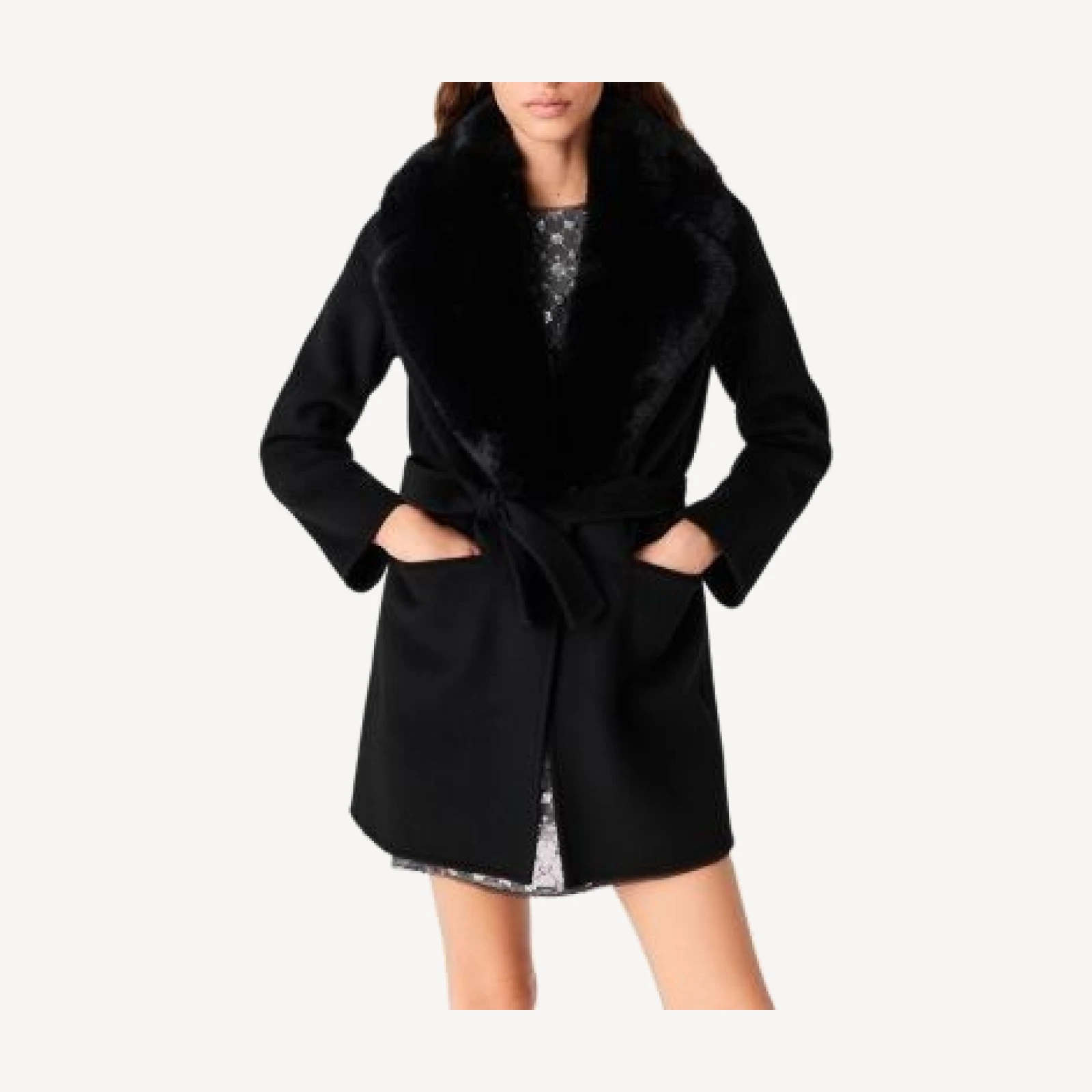 Maje Wool Blend Faux Fur Trim Belted Coat