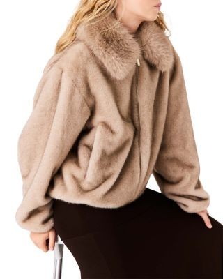 Maje Faux Fur Zip Front Long Sleeve Jacket