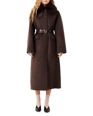 Maje Wool Blend Faux Fur Collar Coat