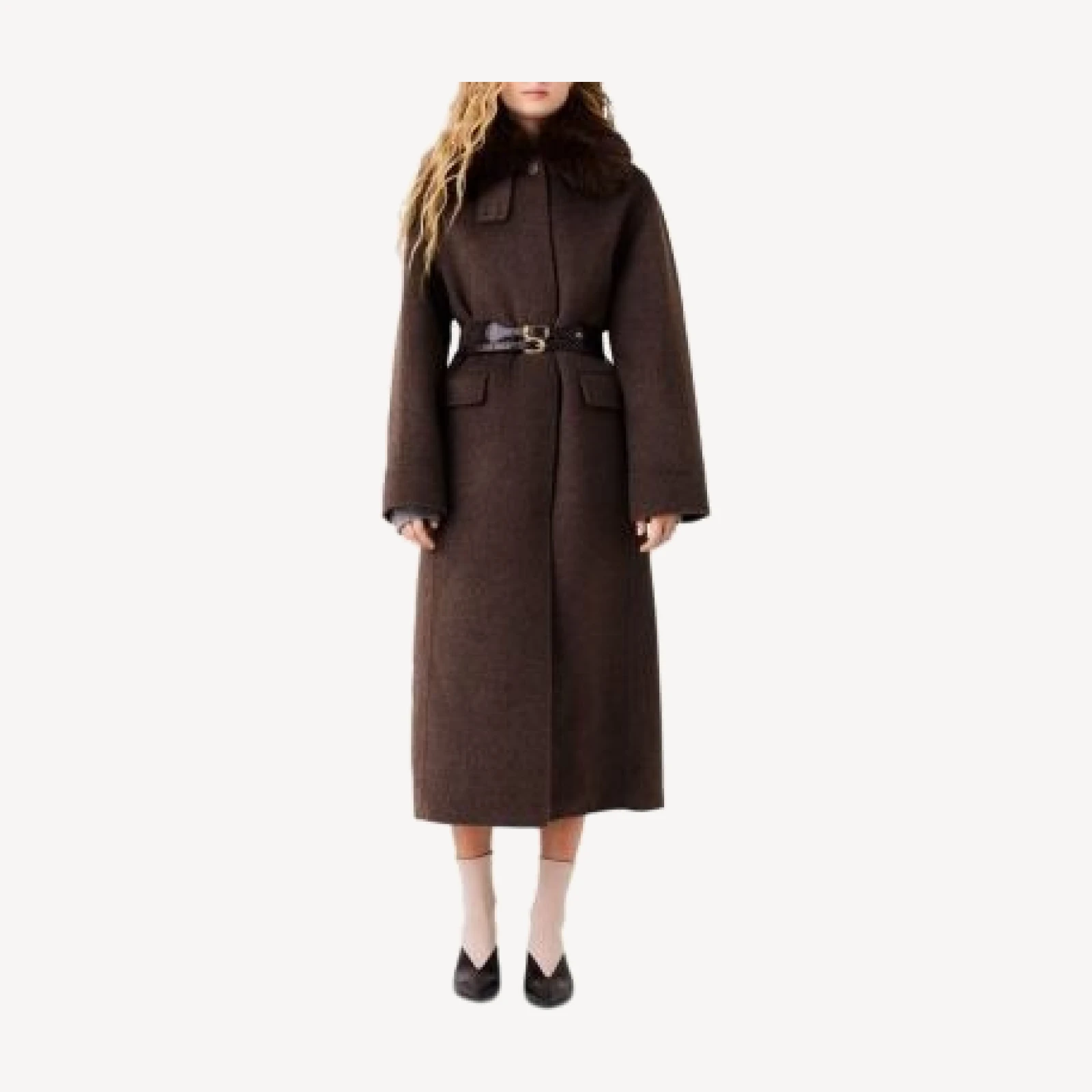 Maje Wool Blend Faux Fur Collar Coat