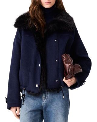 Maje Gracienne Faux Fur Trim Coat