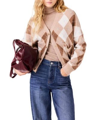 Maje Wool Rhinestone Argyle Cardigan Sweater