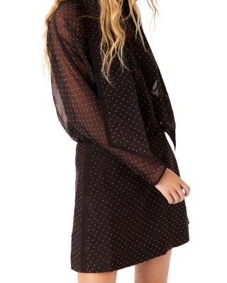 Maje Rhinestone Tie Neck Long Sleeve Mini Dress