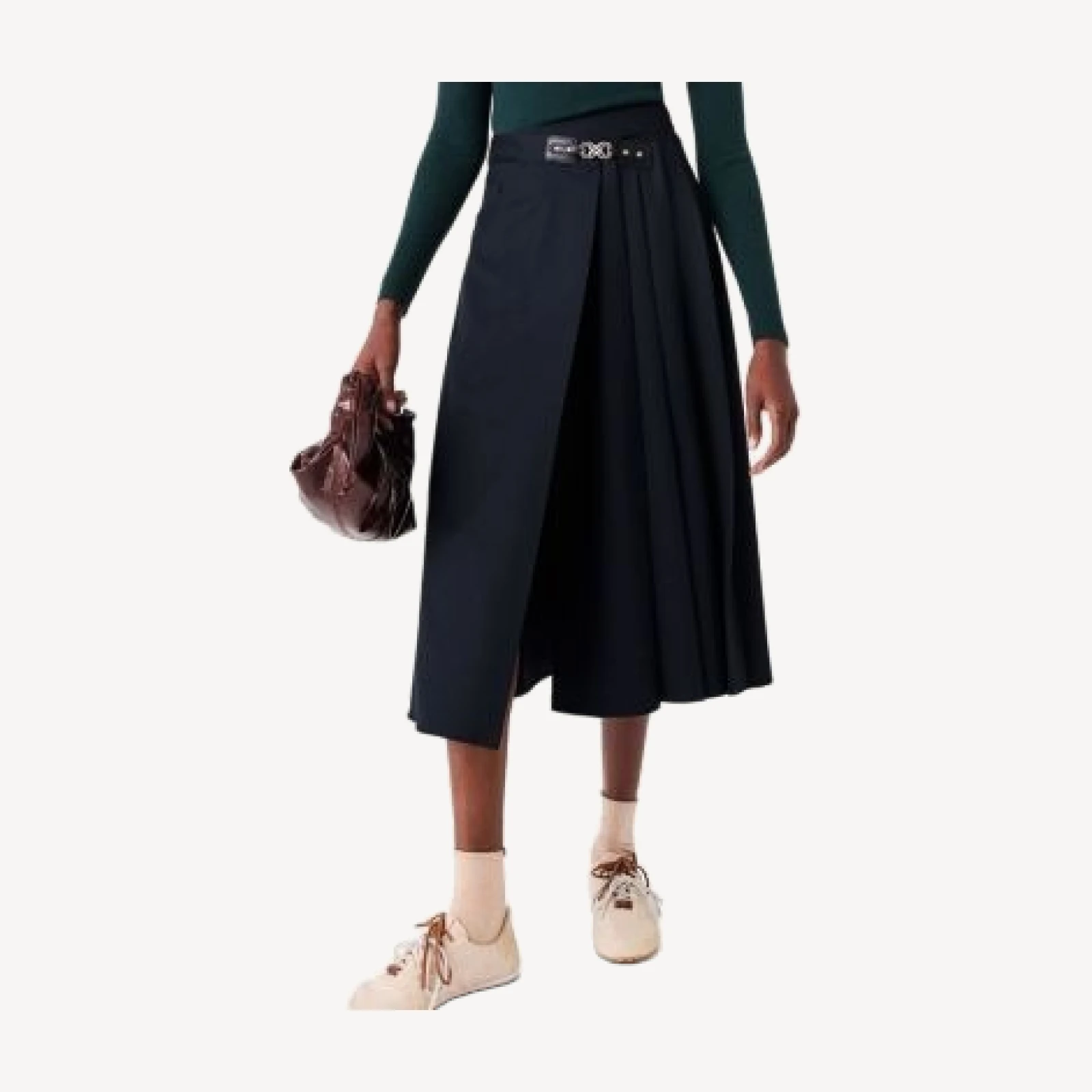 Maje Buckle Trim Pleat Front Midi Skirt