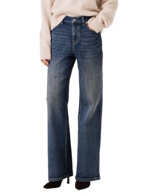 Maje Rhinestone High Rise Wide Leg Jeans in Blue