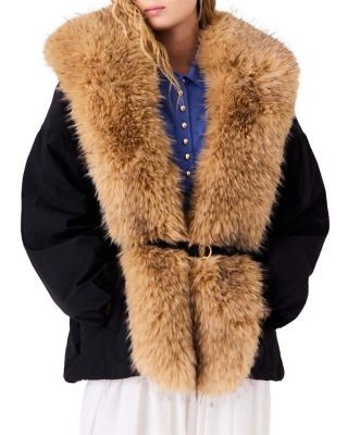 Maje Faux Fur Collar Belted Parka