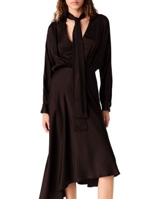 Maje Tie Neck Asymmetric Satin Midi Dress