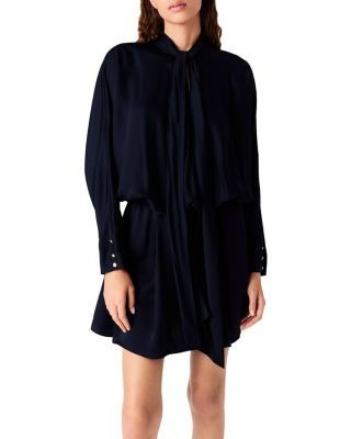 Maje Tie Neck Draped Satin Mini Dress