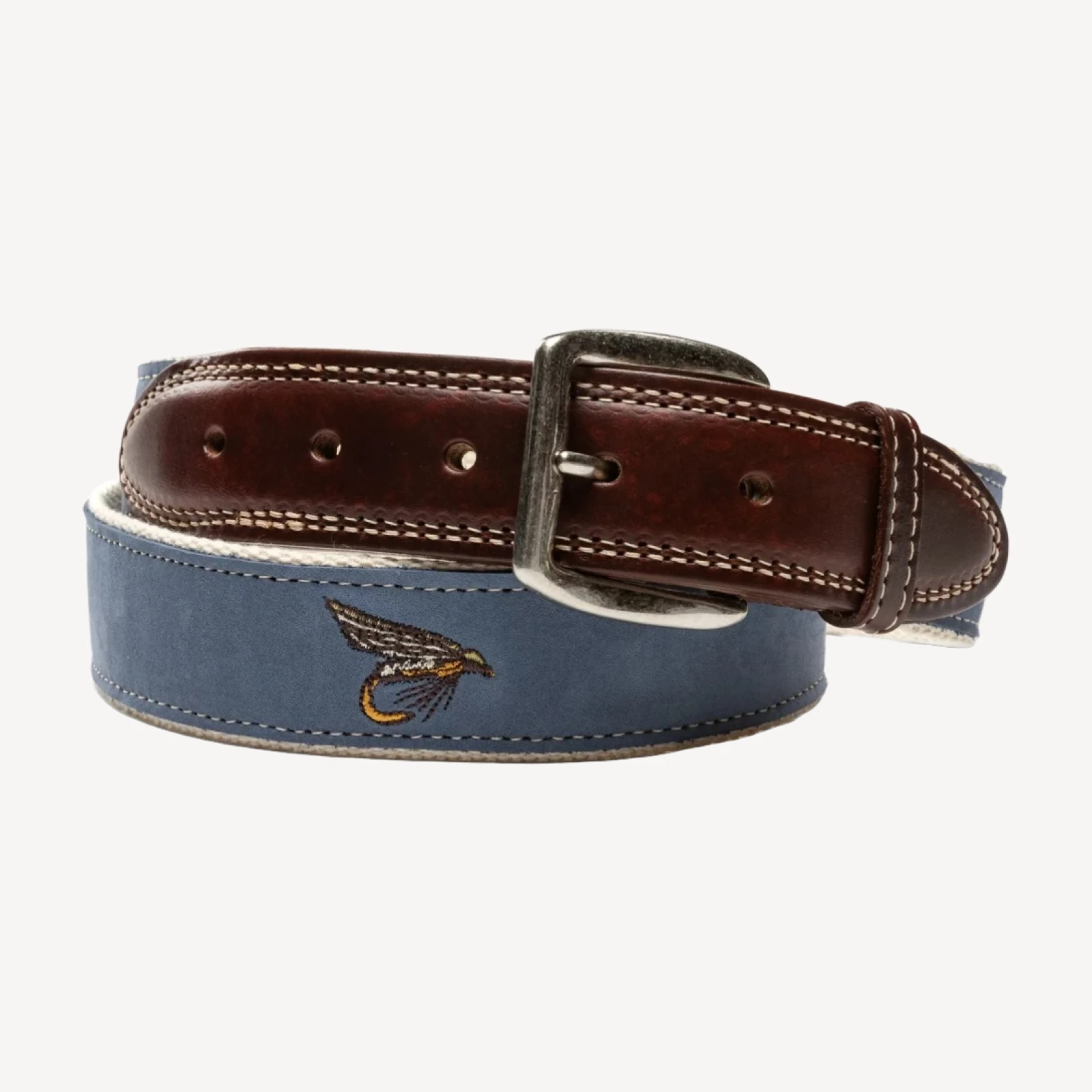 Embroidered Nubuck Leather Belt - Stormy Teal