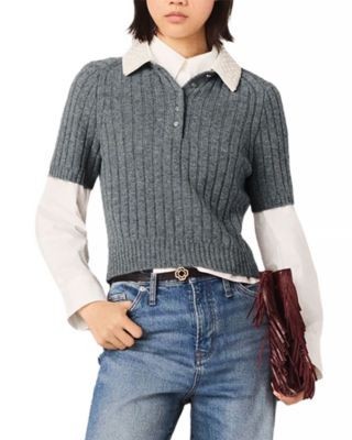 Maje Beaded Collar Ribbed Sweater