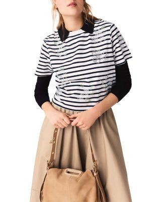 Maje Striped Tee with Rhinestones