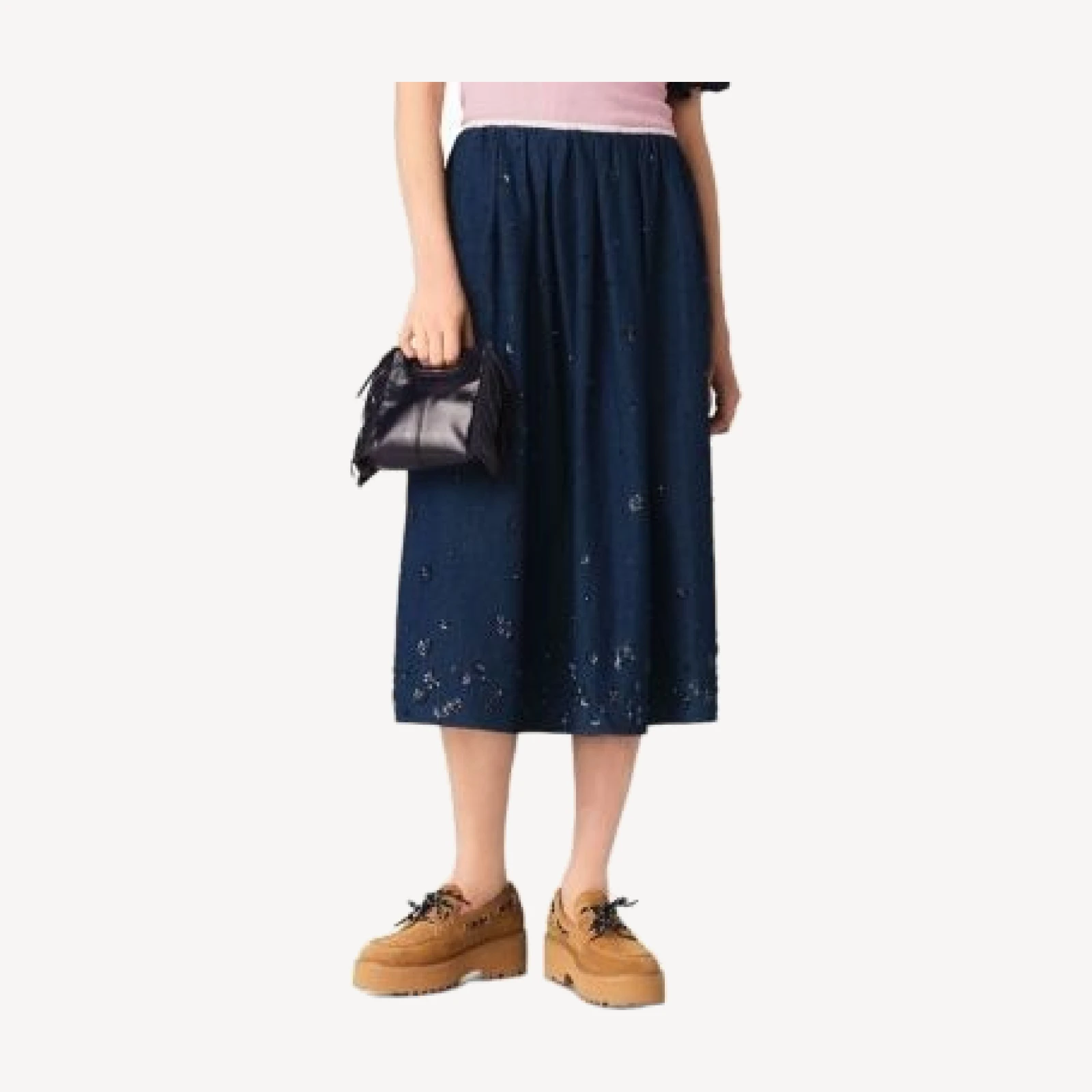 Maje Embroidered Denim Midi Skirt