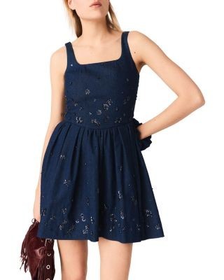 Maje Flared Embroidered Denim Dress