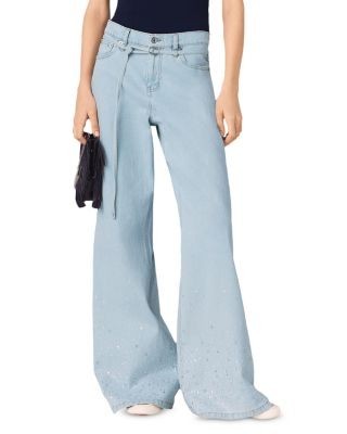 Maje High Rise Wide Leg Rhinestone Jeans in Blue Sky