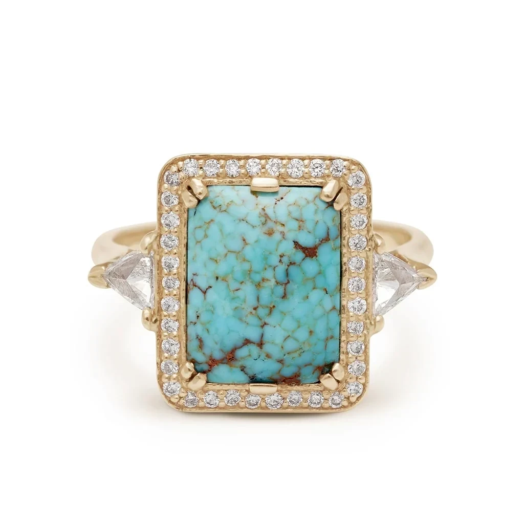 Turquoise Bea Halo Ring - Yellow Gold, Turquoise & White Diamond