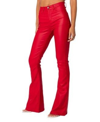 Edikted Luna Faux Leather Flare Jeans in Red