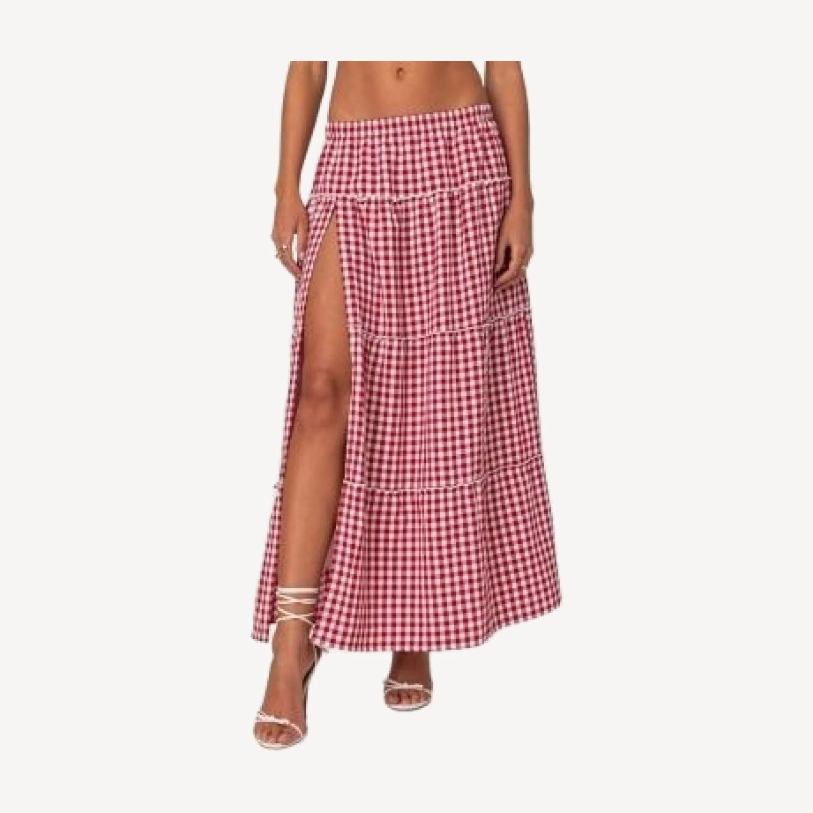 Edikted Gingham Side Slit Tiered Maxi Skirt