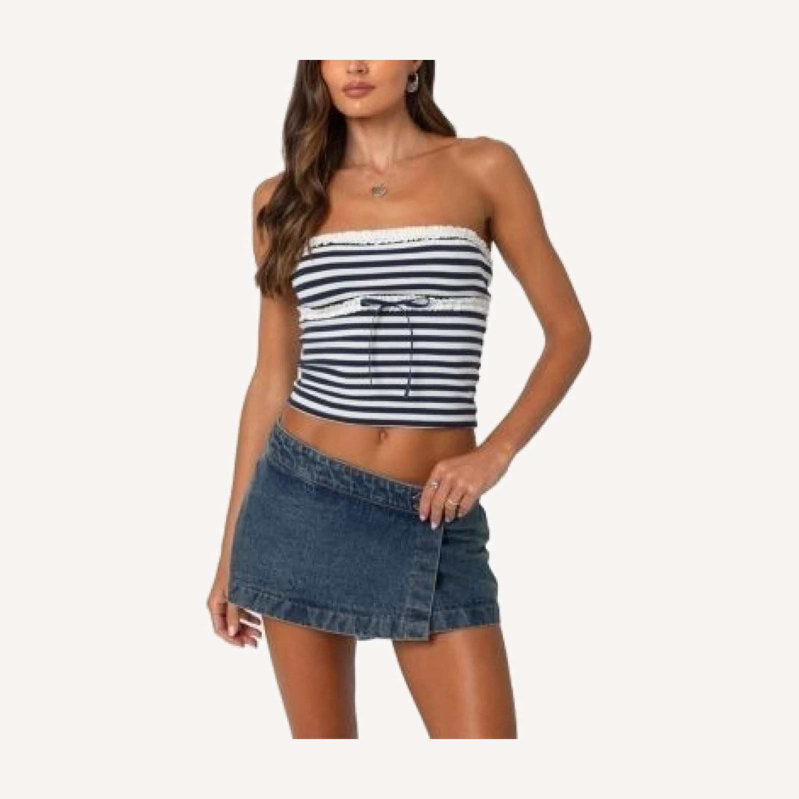 Edikted Striped Eyelet Trim Tube Top