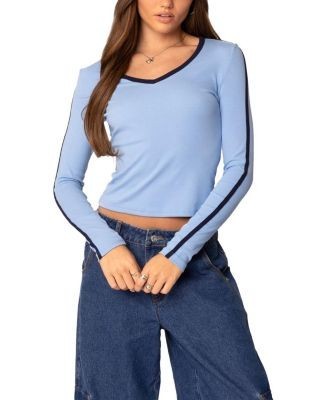 Edikted Contrast V Neck Long Sleeve T-Shirt
