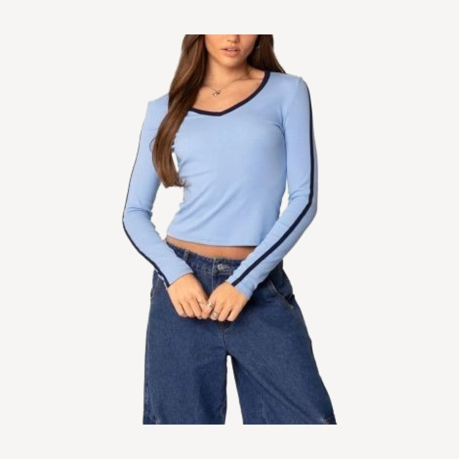 Edikted Contrast V Neck Long Sleeve T-Shirt