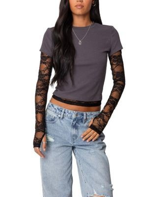 Edikted Layered Lace Sleeve T Shirt