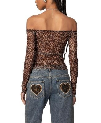 Edikted Leopard Sheer Mesh Off Shoulder Top
