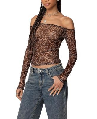 Edikted Leopard Sheer Mesh Off Shoulder Top