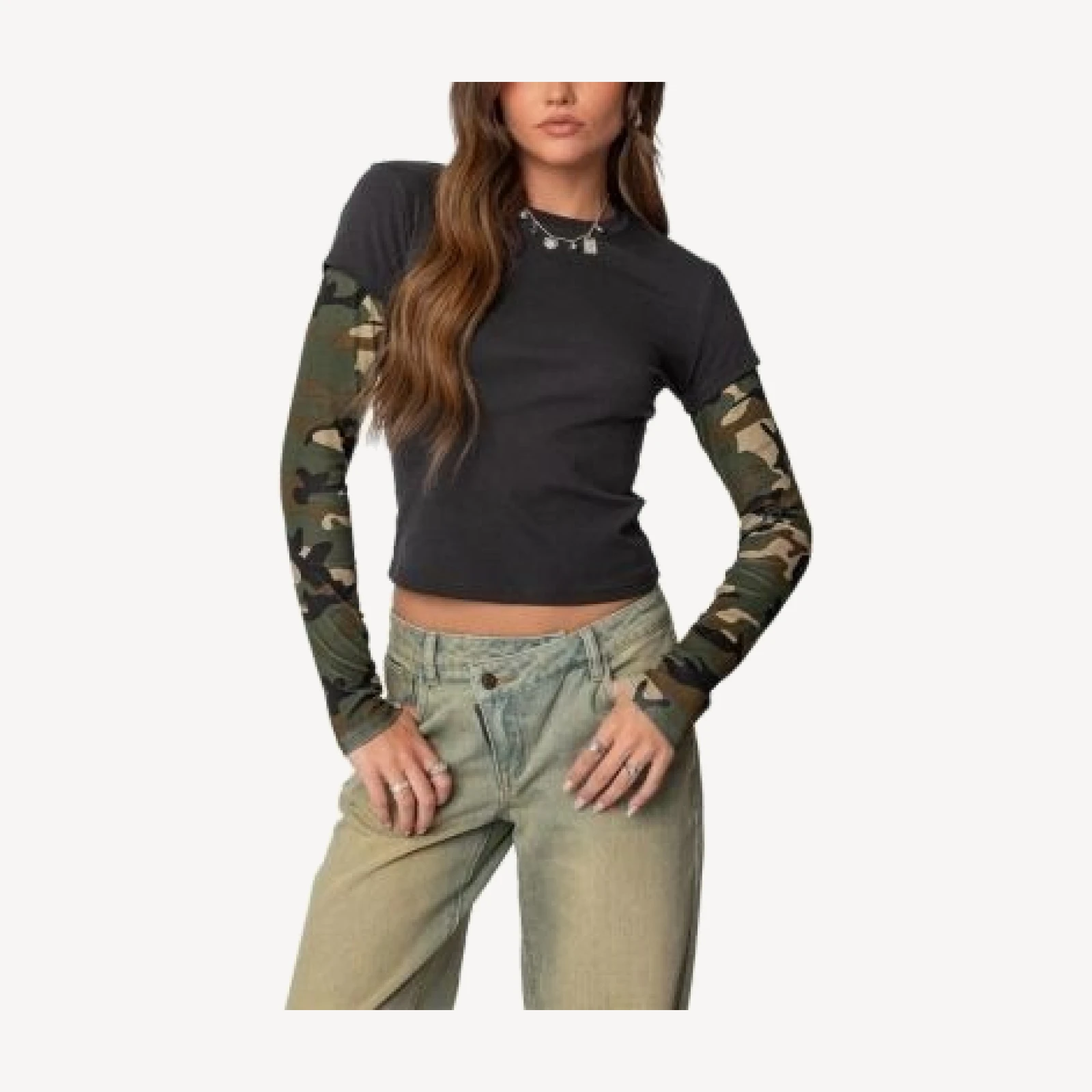 Edikted Camo Layered Long Sleeve T Shirt