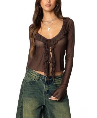 Edikted Sheer Mesh Ruffled Top