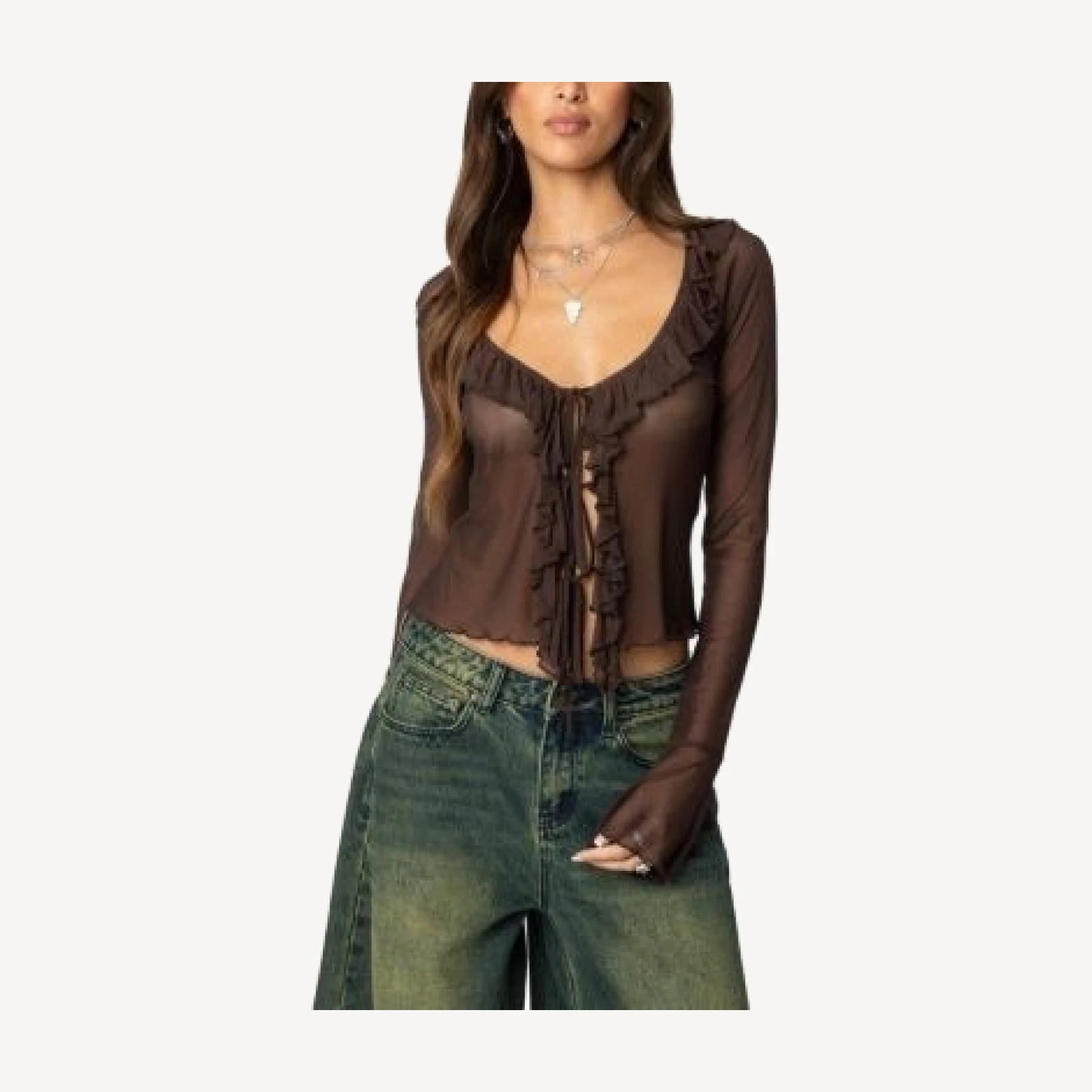 Edikted Sheer Mesh Ruffled Top